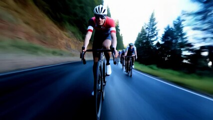 Cyclists compete fiercely on a winding country road, showcasing their skills and speed under a bright blue sky. The energy and focus are palpable as they navigate the course