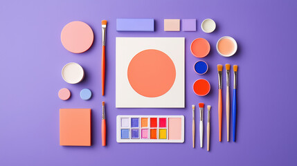 Art supplies laid out on purple background for creative projects and painting activities, featuring brushes, paints, and canvas. Perfect for artists and hobbyists