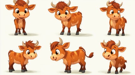 Various angles and poses of a cartoon style young baby ox, cow animal