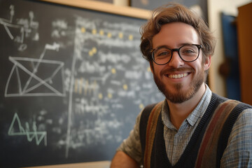 man with glasses and a beard smiles at the camera in front of a chalkboard filled with math equations and diagrams