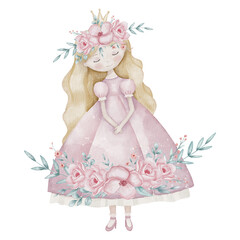 Watercolor Princess with flowers in a pink dress. Drawing of cute young girl for baby greeting cards or birthday invitations. Fantasy character for childish design and nursery wall art in pastel color