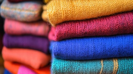 Stack of colorful knitted sweaters. Perfect for textile, fashion, or autumn themes.