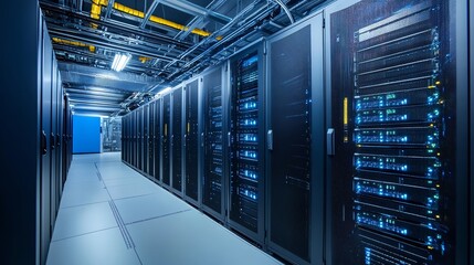 A long hallway in a server room with rows of computer servers.