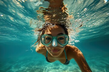 Naklejka premium Diver enjoying underwater exploration while wearing a mask and snorkel in clear turquoise waters