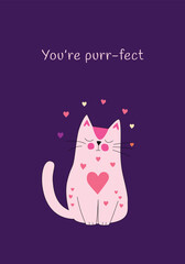 Cute Cat Valentine Card with Heart Design You're Purr-fect Cat Valentine Illustration