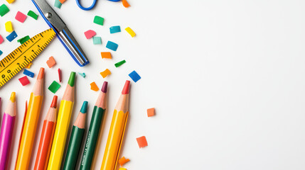 Fototapeta premium Colorful stationery supplies including pencils, scissors, and ruler create vibrant workspace. Perfect for creative projects and school activities