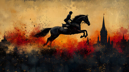 A Whimsical Equestrian Jumping Tournament with Fantastical Designs Captured in a Colorful Mixed Media Illustration