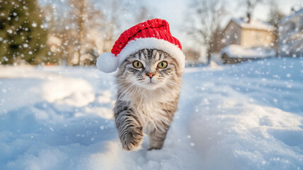 A silver-crested cat wearing a red knit Christmas hat and a white scarf runs through a snowy park blanketed in thick snow.