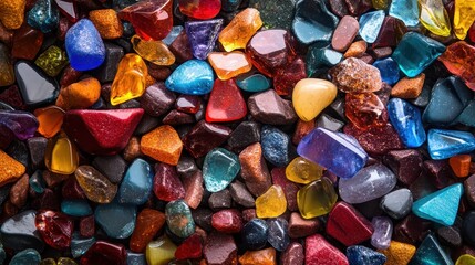 Vibrant, multicolored glass pebbles; various shapes and sizes. Ideal for backgrounds, textures, or jewelry designs showcasing gemstone beauty.