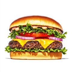 Delicious cheeseburger with lettuce, tomato, onion, and cheese, showcasing juicy patty and fresh ingredients, perfect for satisfying meal