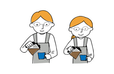 コーヒーをいれるメガネのカフェ店員男女セット