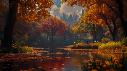 Obraz premium Stunning autumn landscape in a park with vibrant fall colors