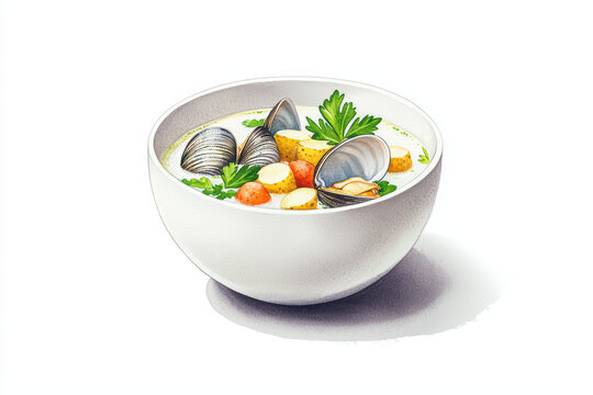 Delicious clam chowder in white bowl garnished with parsley and vegetables, showcasing creamy texture and vibrant colors