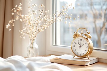 Golden alarm clock on windowsill with dried flowers and soft morning light