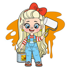 Cute cartoon girl in a in denim overalls with a bucket of paint and roller making repairs