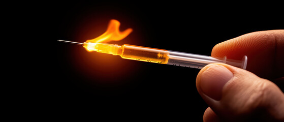 hand holding syringe with flame effect, symbolizing danger or urgency. image conveys strong emotional impact related to health and safety
