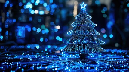 digital glowing tech christmas tree on blue background	
