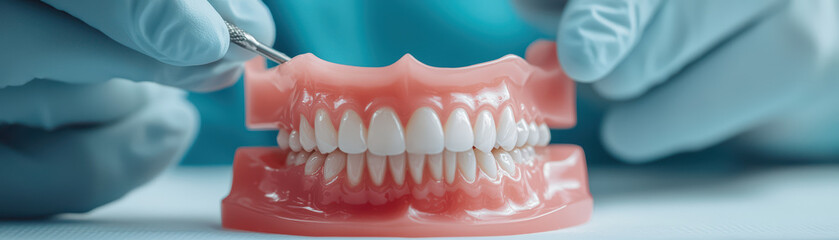 Obraz premium Dental model displayed with gloved hands demonstrating oral hygiene techniques, showcasing proper care and maintenance of teeth and gums