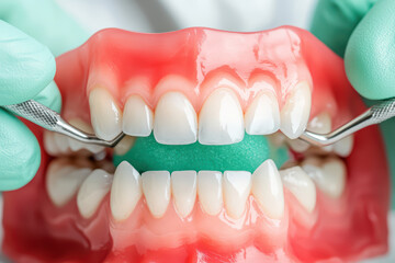 Obraz premium Dental model with healthy teeth and gums being examined with tools for education. This showcases importance of dental training and oral health awareness