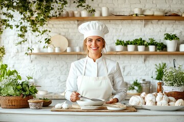 Female caucasian young chef preparing fresh ingredients in bright kitchen