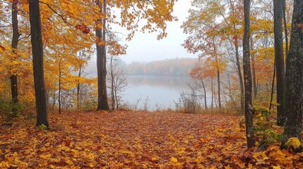 Fototapeta premium Tranquil autumn scene by a foggy lake