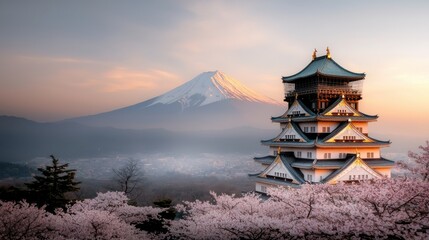 Fototapeta premium Golden Light Over Osaka Castle with Cherry Blossoms