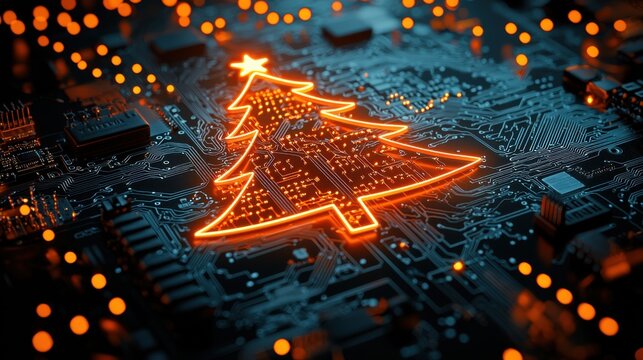 digital glowing tech christmas tree on blue computer tech background