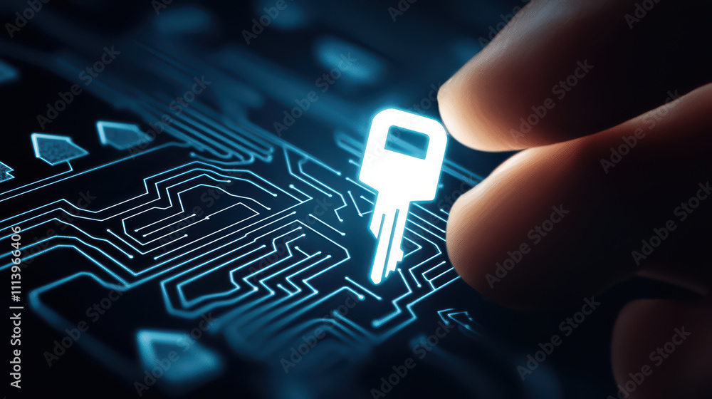 Poster finger hovering over key symbol on digital circuit board, representing technology and security. imag