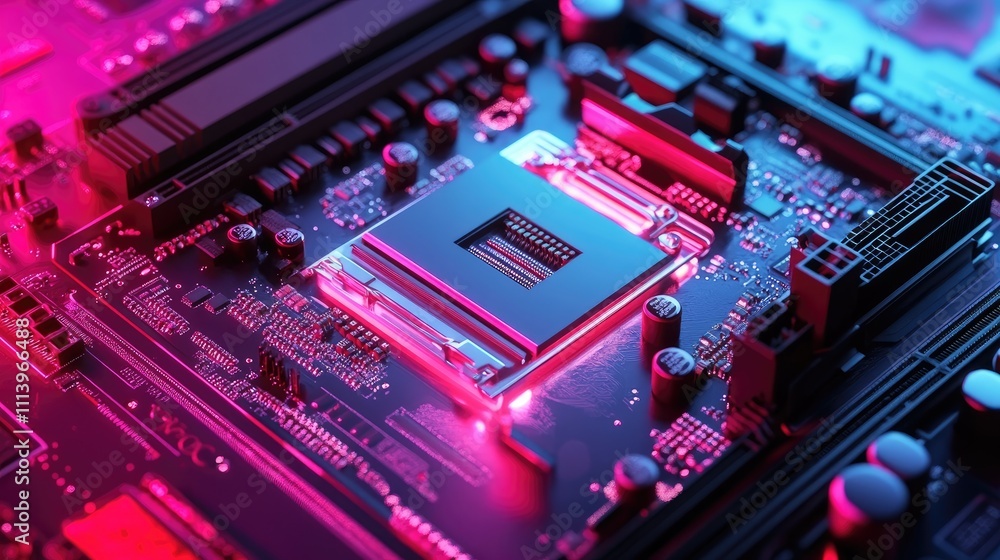 Poster close-up of a computer motherboard with a cpu illuminated in pink and blue light.
