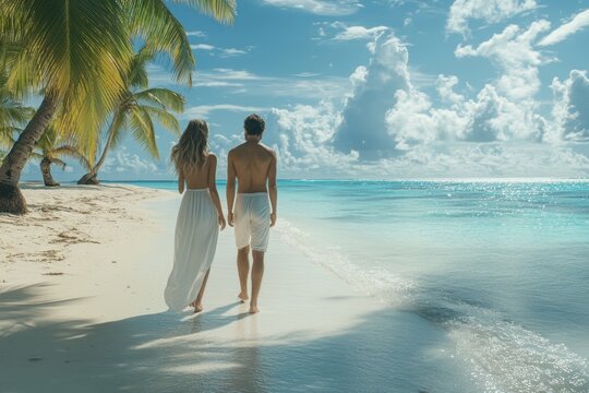 Couple enjoys a romantic walk along a tropical beach on a sunny day