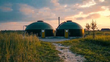 Green Biogas Storage Tanks in a Beautiful Landscape