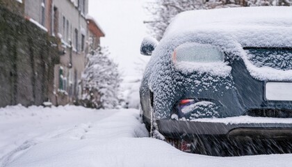 car covered in snow and parked on a snowy street