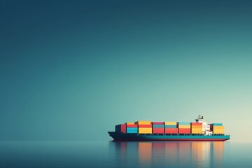 Photo of a cargo ship at sea, carrying an organized stack of colorful containers