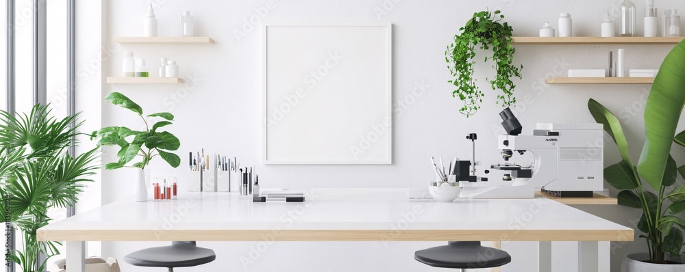 Aufkleber Modern laboratory with microscope and mockup frame displaying cutting-edge science