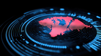 Digital map visualization in red and blue tones, showcasing data analysis and technology. This high tech representation highlights geographical features and data points