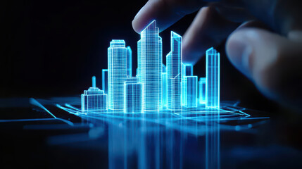 Futuristic touch interface showcases holographic city skyline, visualizing digital architecture with intricate details and vibrant blue hues