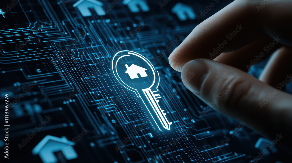 Poster hand interacting with digital key symbol on futuristic interface, representing security and technolo