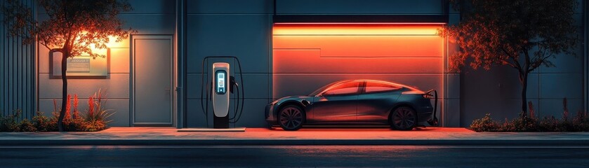 Obraz premium An urban charging station for electric vehicles glowing softly under moody evening lighting, filmlike textures