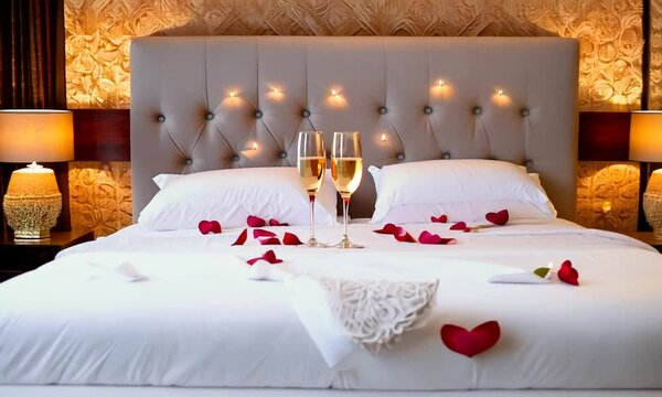 A romantic bedroom setting with a plush bed, rose petals, champagne glasses, and warm ambient lighting.