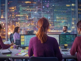 A group of programmers representing diverse genders and ethnicities working on a hackathon project