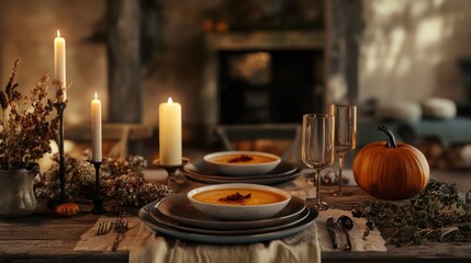 Cozy autumn table setting with soup, candles, pumpkins, and fall decorations.
