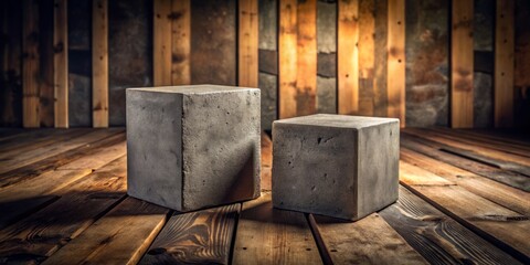 A Minimalist Portrait of Concrete Blocks on a Wooden Table, Showcasing Textures and Contrast in a Contemporary Home Decor Setting