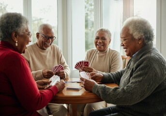 Elderly friends enjoying their time playing cards, laughing and socializing