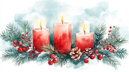 Holiday Candles and Evergreen Watercolor