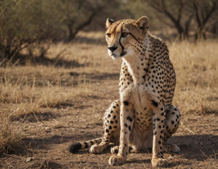 Fototapeta premium A cheetah resting gracefully in a golden grassland at sunset in the wild. Generative AI