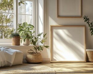 Wall art empty picture frame mockup on wooden desk, wall, table. Vase with olive branches, cactus. Elegant working space, home office concept.