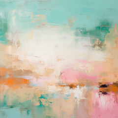 Abstract painting blends soft pastel tones of turquoise, peach, and cream, evoking a serene, dreamy atmosphere.