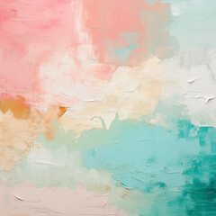 Fototapeta premium Abstract painting blends soft pastel tones of turquoise, peach, and cream, evoking a serene, dreamy atmosphere.