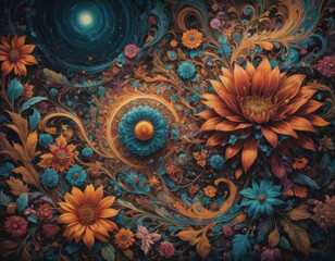 Intricate floral design featuring vibrant colors and swirling patterns inspired by nature. Generative AI