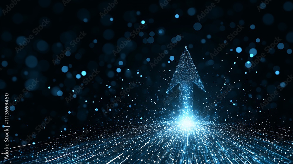Poster dynamic blue arrow moving forward with light trails in a digital background
